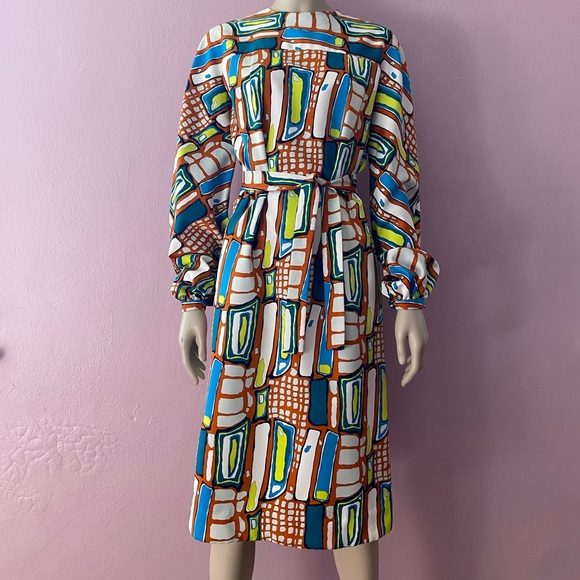 Vintage 70s Print Dress with Billowy Sleeve Size M - Picture 2 of 6